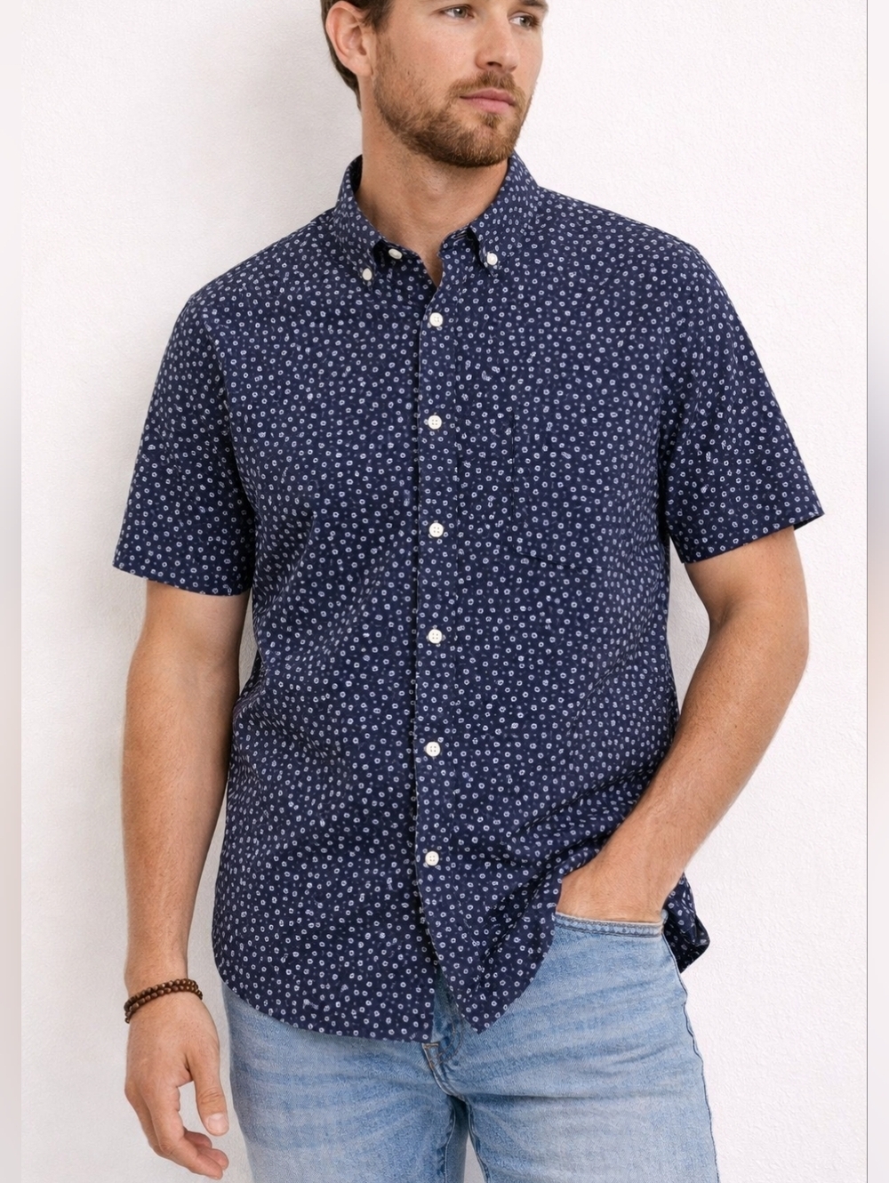 J Crew Mens Large Slim Fit Button Up Shirt Blue Floral Short Sleeve Secret Wash